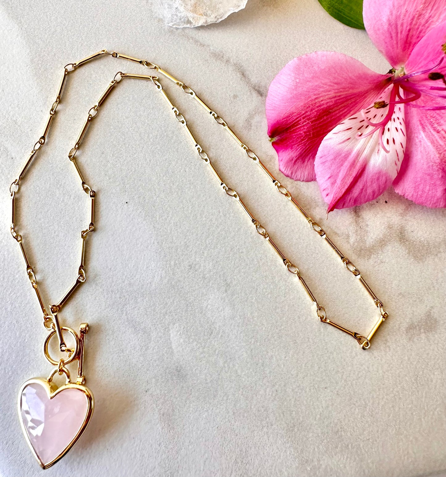 Sacred Heart Rose Quartz Necklace-- 22" length