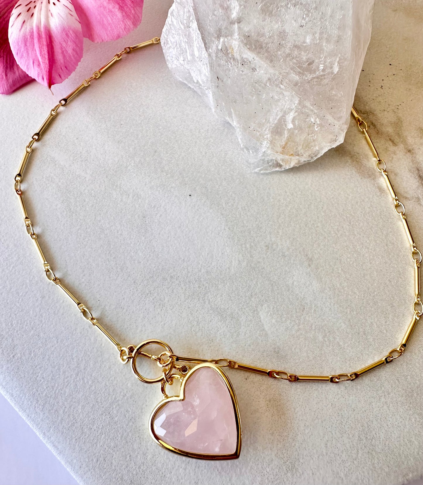 Sacred Heart Rose Quartz Necklace-- 22" length