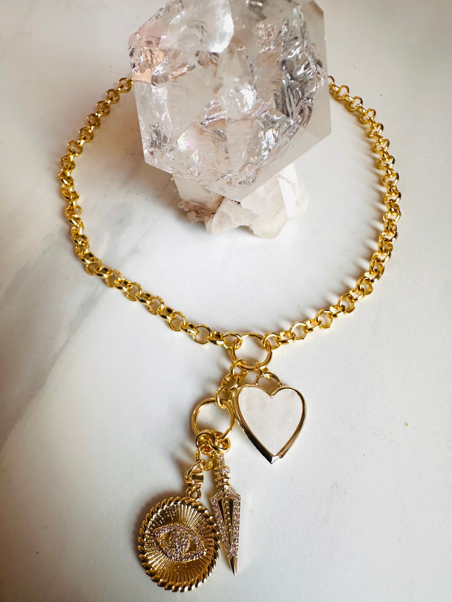 Quartz Heart Guardian Necklace with Evil Eye