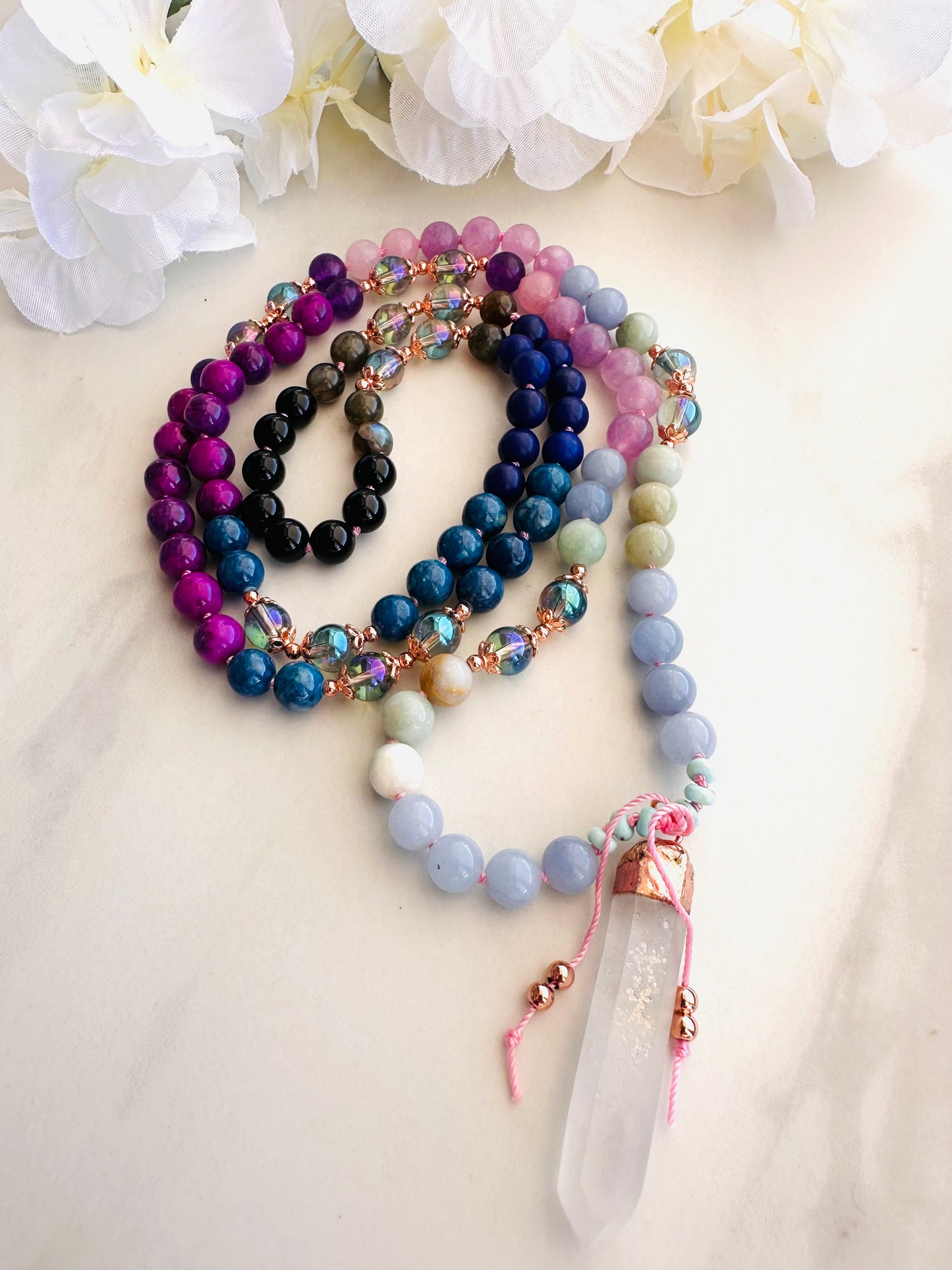 Goddess of Good Luck Mala Necklace with Selenite