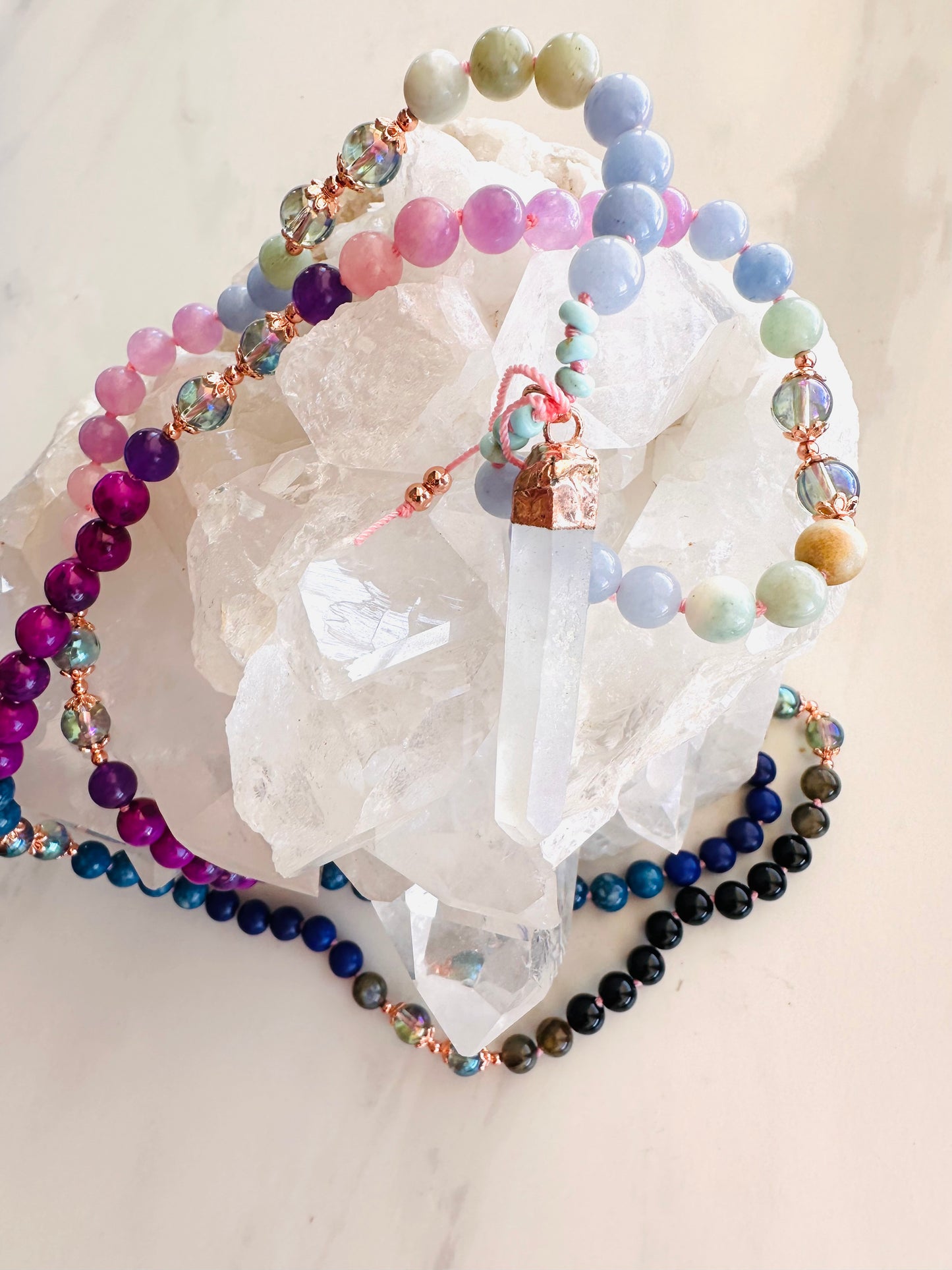 Goddess of Good Luck Mala Necklace with Selenite