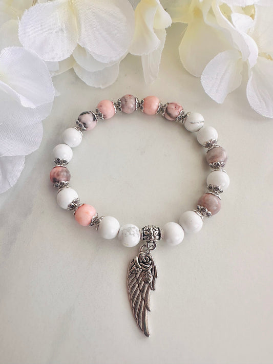 Good Energy~Angel Wing Bracelet Pink Zebra Jasper/Howlite (19cm)