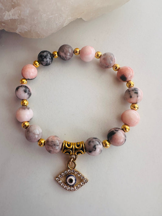 Evil Eye Good Energy Pink Jasper Protection Bracelet (17cm)